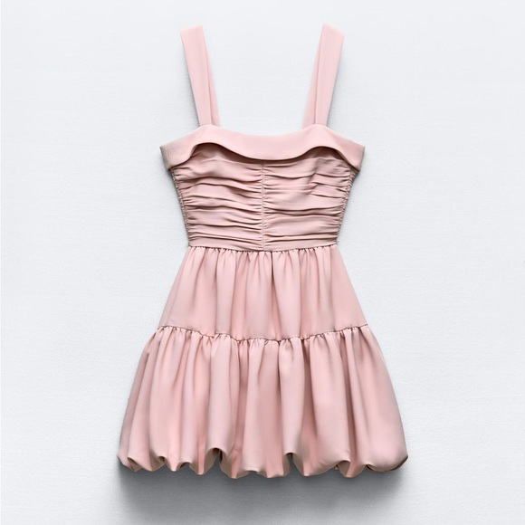 ZARA DRAPED BALLOON MINI DRESS WEDDING GUEST BEIGE PINK SMALL 3435/324 - Picture 1 of 9